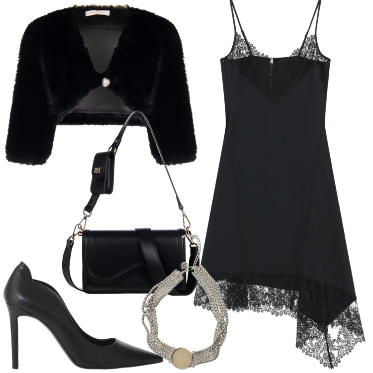 Outfit donna - Serata. Stile Sexy per Serata fuori. Abbinamento con vestiti asimmetrici, décolleté, collane, pochette, bolero.
