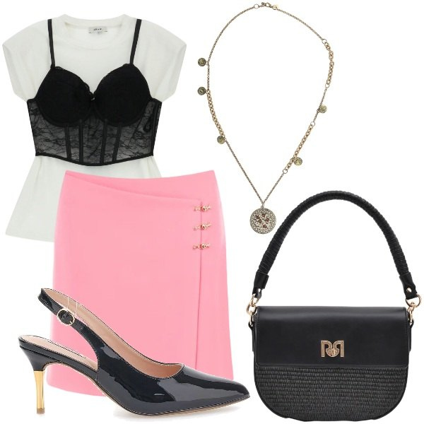 Outfit donna - i love fashion. Stile Glamour per Tutti i giorni. Abbinamento con ciondoli, top, borse a spalla, minigonne, décolleté.