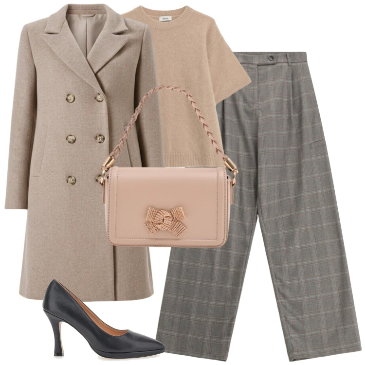 Outfit donna - City. Stile Urban per Tutti i giorni. Abbinamento con pantaloni a palazzo, maglieria, pochette, cappotti, décolleté.