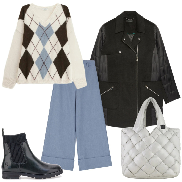 Outfit donna - Total look #2336432. Stile Casual chic per Tutti i giorni. Abbinamento con pantaloni a palazzo, maglieria, borse tote, stivaletti, cappotti.