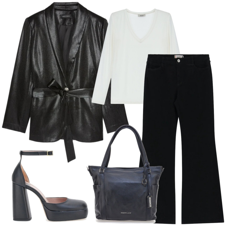 Outfit donna - Total look #2336435. Stile Chic per Serata fuori. Abbinamento con t-shirt, pantaloni, blazer, shopping bag, scarpe col tacco.