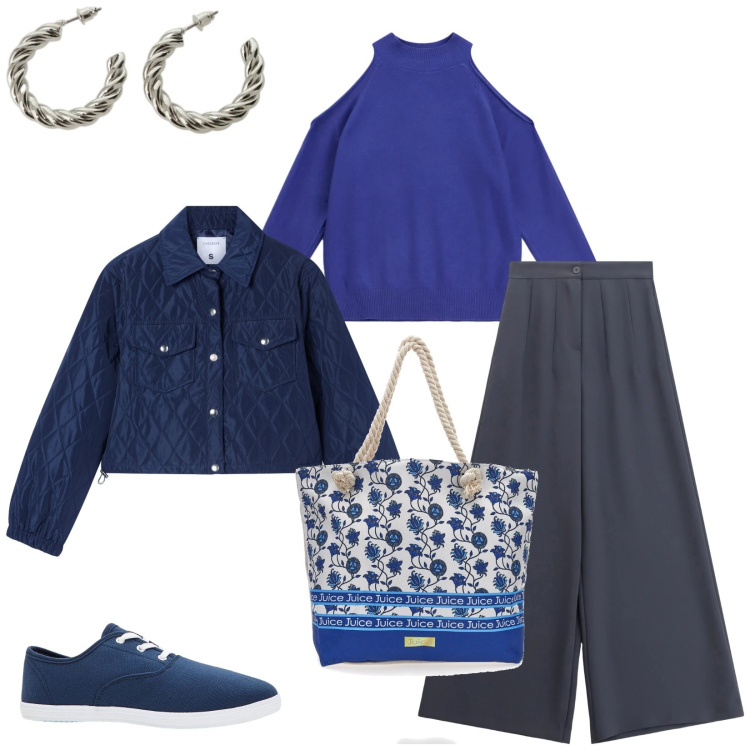 Outfit donna - Total look #2336437. Stile Casual per Tutti i giorni. Abbinamento con sneakers, pantaloni a palazzo, maglieria, orecchini, giacche, shopping bag.