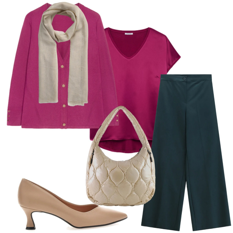 Outfit donna - Total look #2336443. Stile Chic per Ufficio. Abbinamento con pantaloni a palazzo, sciarpe, borse tote, décolleté, bluse, cardigans.