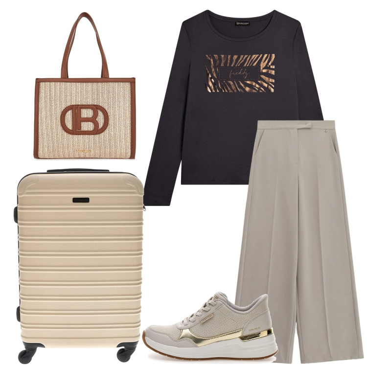 Outfit donna - Total look #2336457. Stile Chic per Tutti i giorni. Abbinamento con pantaloni a palazzo, t-shirt, borse a spalla, valigie, sneakers.