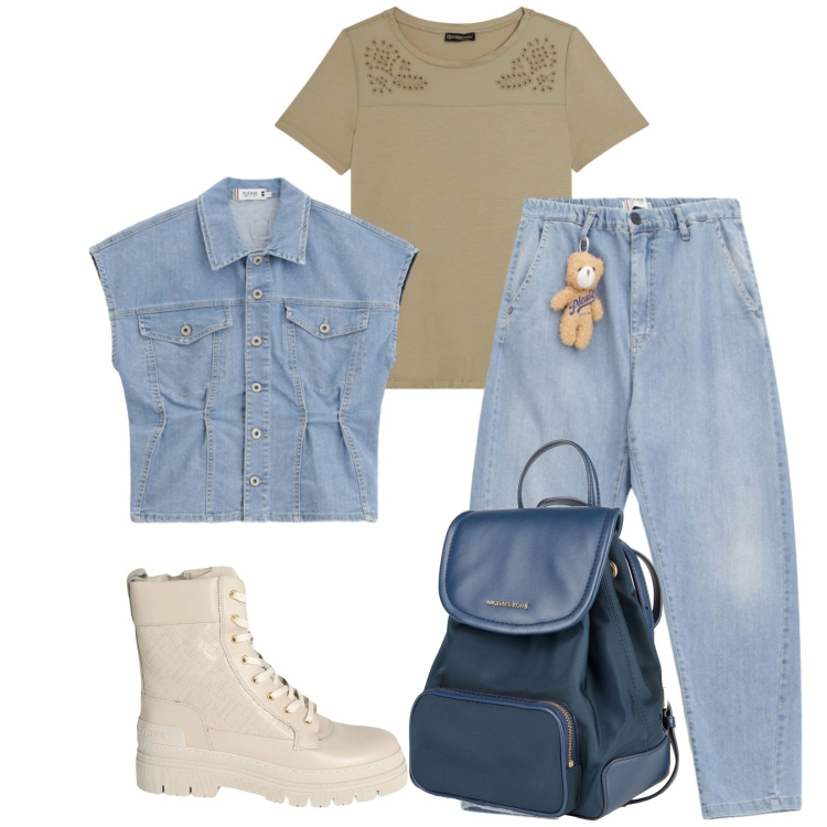 Outfit donna - Total look #2336461. Stile Casual per Tutti i giorni. Abbinamento con stivaletti, zaini, jeans, gilet, t-shirt.