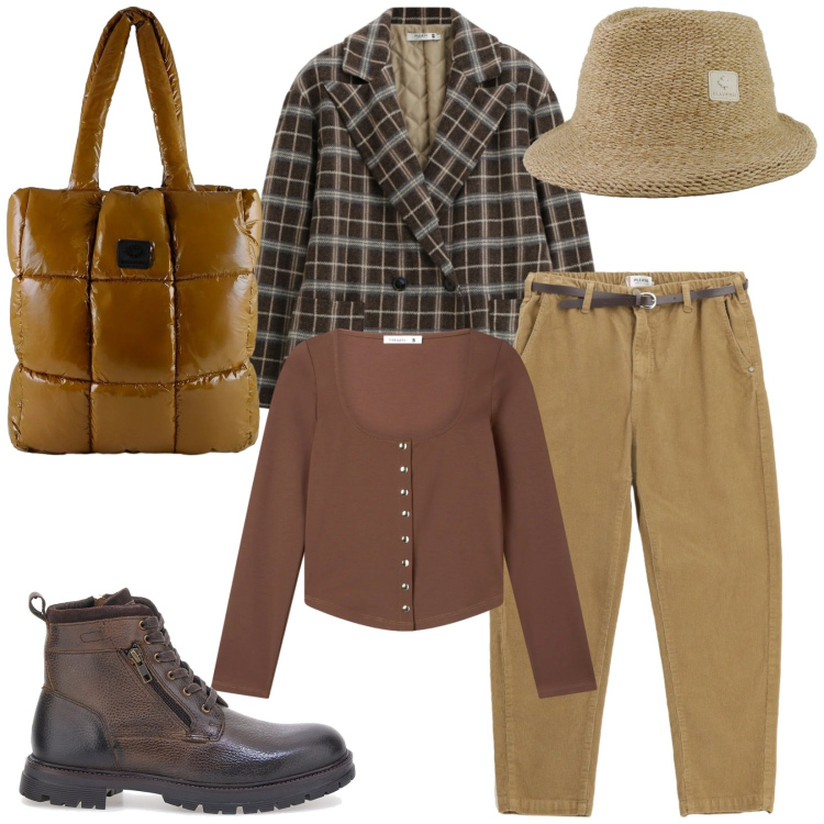 Outfit donna - Total look #2336466. Stile Casual chic per Tutti i giorni. Abbinamento con t-shirt, pantaloni chino, blazer, shopping bag, cappelli, anfibi.