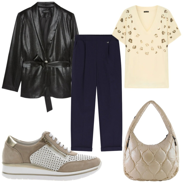 Outfit donna - Total look #2336472. Stile Trendy per Tutti i giorni. Abbinamento con pantaloni, borse tote, sneakers, t-shirt, blazer.