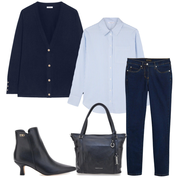 Outfit donna - Total look #2336474. Stile Chic per Ufficio. Abbinamento con jeans dritti, camicie, cardigans, stivaletti, shopping bag.
