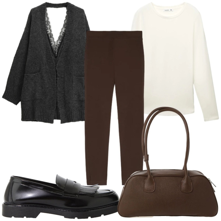 Outfit donna - Total look #2336480. Stile Minimal per Tutti i giorni. Abbinamento con mocassini, borse a mano, cardigans, t-shirt, leggings.