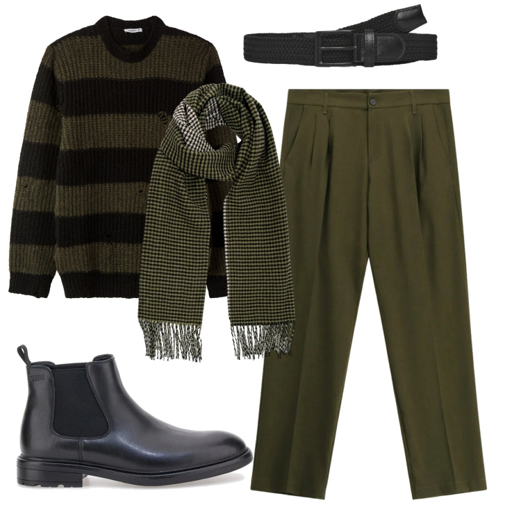 Outfit uomo - Total look #2336481. Stile Business/Elegante per Ufficio. Abbinamento con pantaloni, cinture, maglieria, sciarpe, stivali e stivaletti.