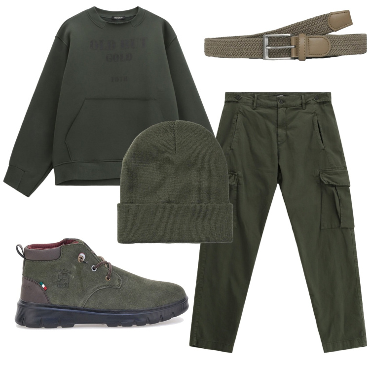 Outfit uomo - Total look #2336485. Stile Casual per Tutti i giorni. Abbinamento con felpe, pantaloni cargo, cinture, berretti, stivali e stivaletti.