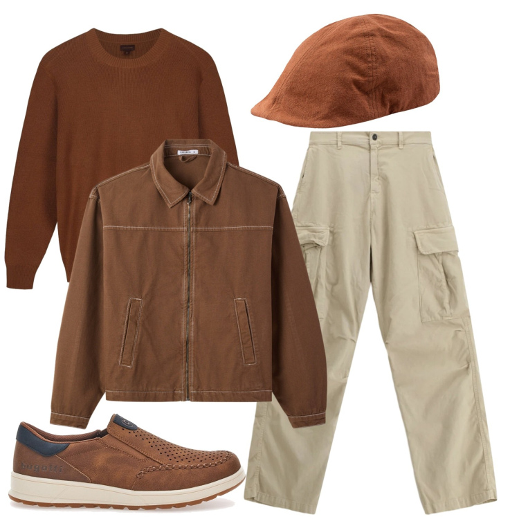 Outfit uomo - Total look #2336487. Stile Trendy per Ufficio. Abbinamento con pantaloni cargo, cappotti, sneakers, cappelli con visiera, maglieria.
