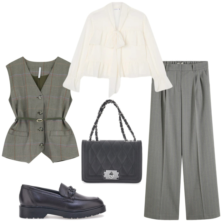 Outfit donna - Total look #2336488. Stile Chic per Ufficio. Abbinamento con pantaloni a palazzo, camicie, gilet, mocassini, borse a tracolla.
