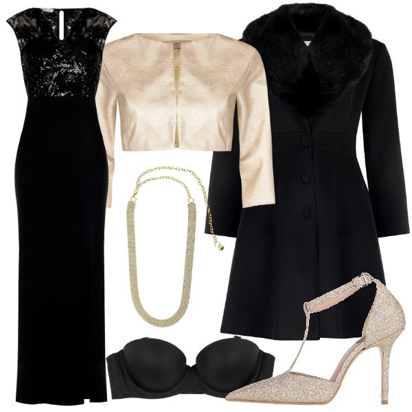 Outfit donna - Gold Valentine. Stile Romantica per Serata fuori. Abbinamento con décolleté, cinture, cappotti, bolero, reggiseni, vestiti.