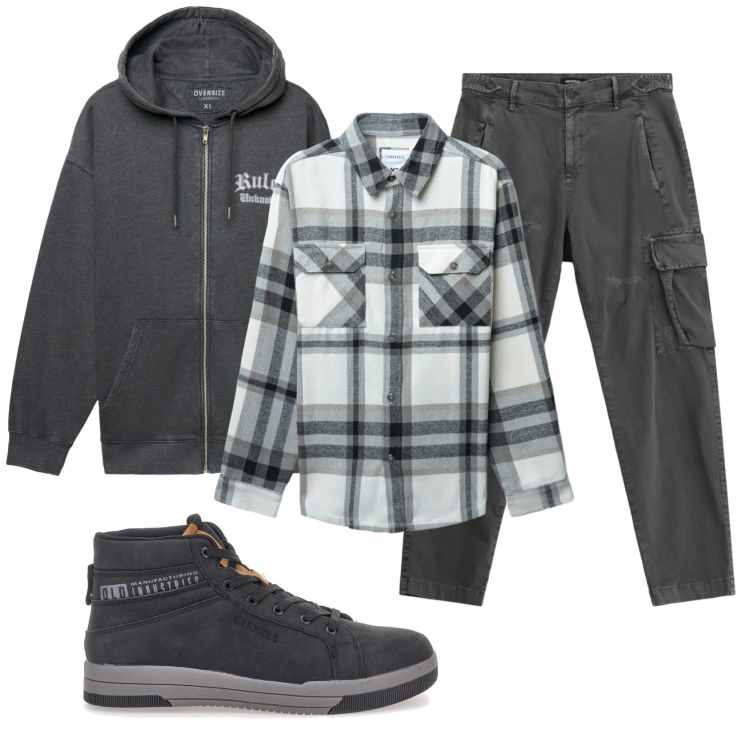 Outfit uomo - Total look #2336505. Stile Casual per Tutti i giorni. Abbinamento con cappotti, felpe con cappuccio, pantaloni cargo, sneakers.