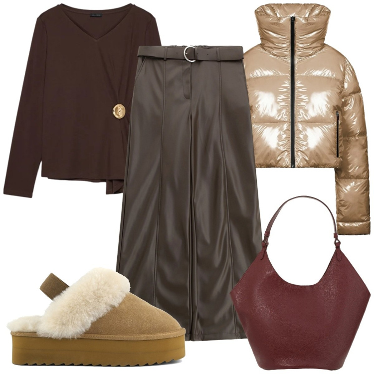 Outfit donna - Total look #2336509. Stile Trendy per Tutti i giorni. Abbinamento con pantaloni, borse a spalla, piumini, t-shirt, sabot.