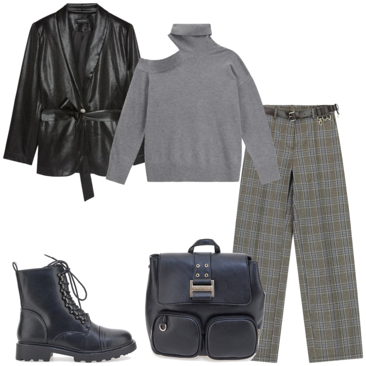 Outfit donna - Total look #2336512. Stile Chic per Tutti i giorni. Abbinamento con maglieria, pantaloni a palazzo, anfibi, blazer, zaini.