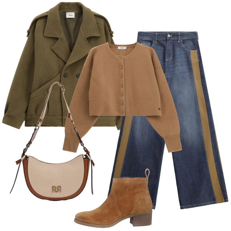 Outfit donna - Stile urbano. Stile Urban per Tutti i giorni. Abbinamento con cardigans, blazer, jeans a zampa, borse a tracolla, stivaletti.