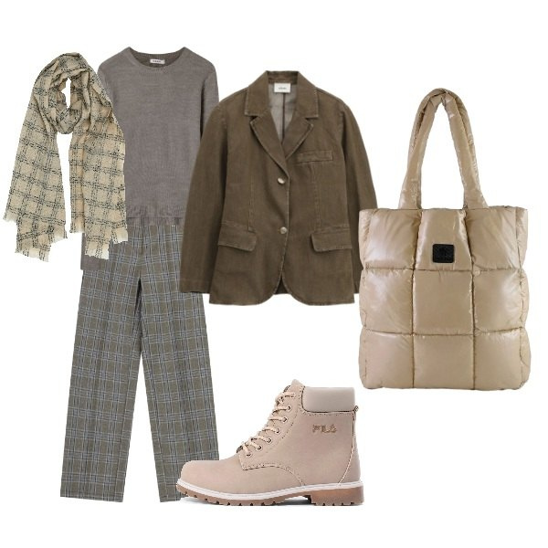 Outfit donna - allerta. Stile Basic per Tutti i giorni. Abbinamento con pantaloni a palazzo, blazer, maglieria, shopping bag, stivaletti, sciarpe.