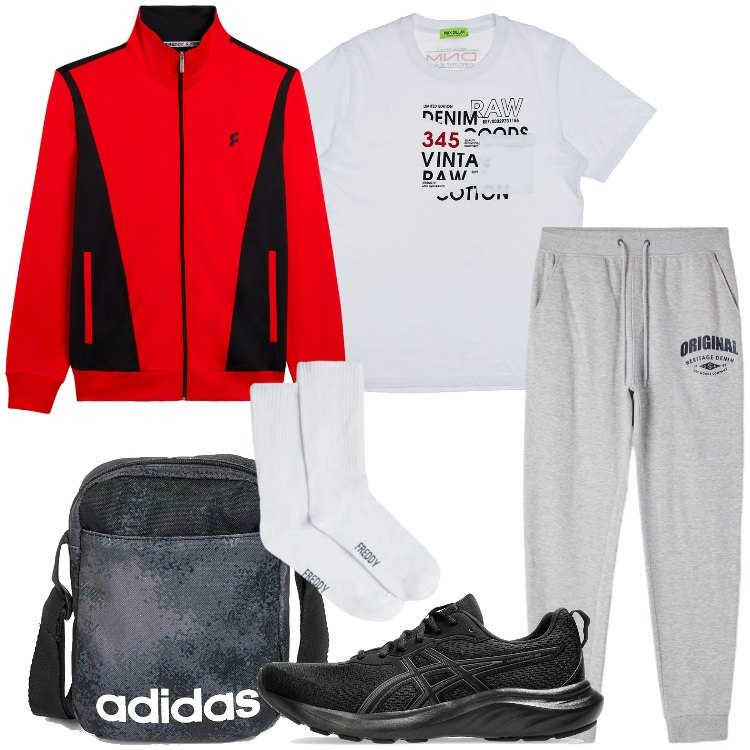 Outfit uomo - In palestra. Stile Casual per Sport. Abbinamento con pantaloni, giacche sportive, calzini, scarpe sportive, t-shirt, borse sportive.