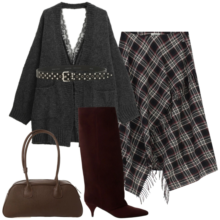Outfit donna - Tartan. Stile Trendy per Tutti i giorni. Abbinamento con gonne lunghe, stivali, borse a mano, cardigans, cinture.