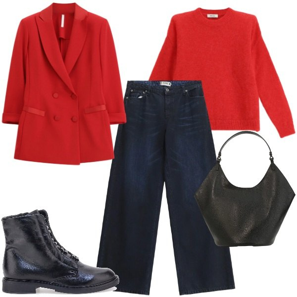 Outfit donna - Rossocuore a febbraio @danipoetessa73. Stile Casual chic per Tutti i giorni. Abbinamento con blazer, borse a spalla, maglieria, jeans, stivaletti.