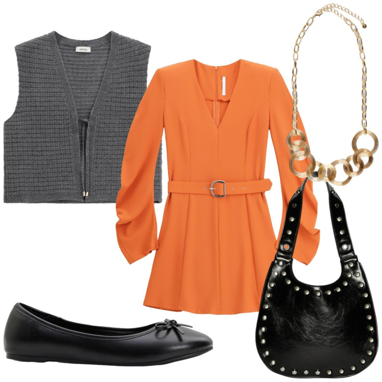 Outfit donna - Total look #2336527. Stile Trendy per Tutti i giorni. Abbinamento con ballerine, collane, borse a spalla, vestiti corti, gilet.