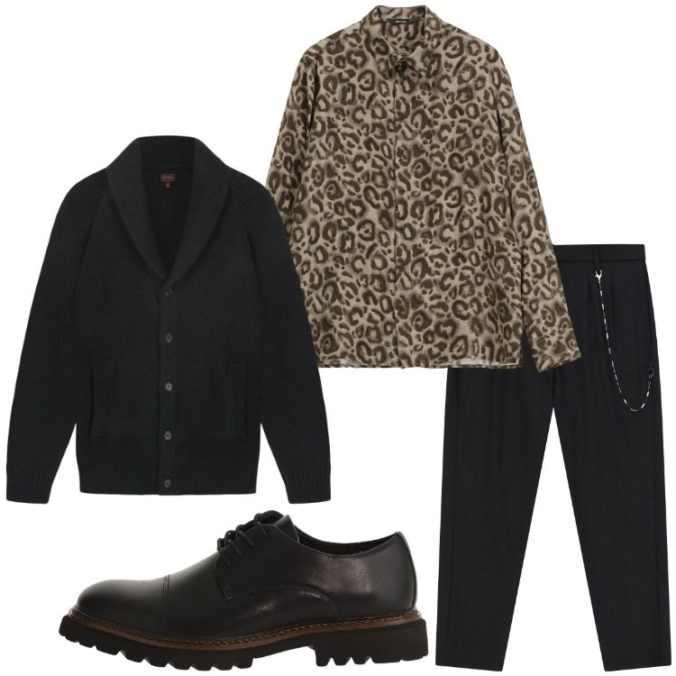 Outfit uomo - Camicia animalier. Stile Trendy per Serata speciale. Abbinamento con pantaloni, scarpe stringate, camicie, cardigans.