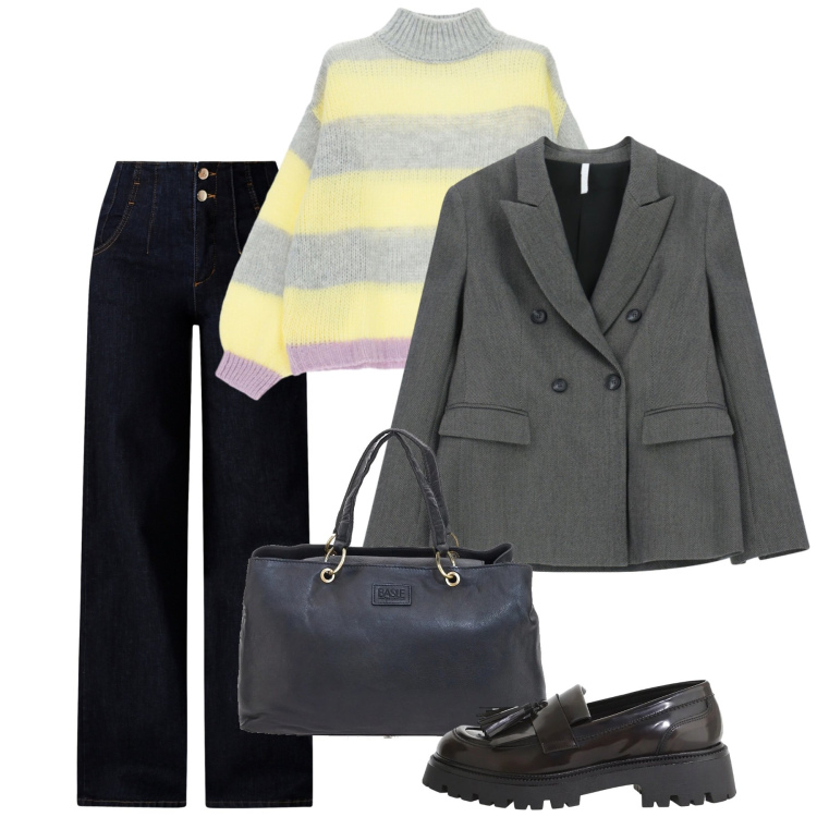 Outfit donna - Febbraio. Stile Bon Ton per Ufficio. Abbinamento con blazer, mocassini, maglieria, jeans, borse a mano.