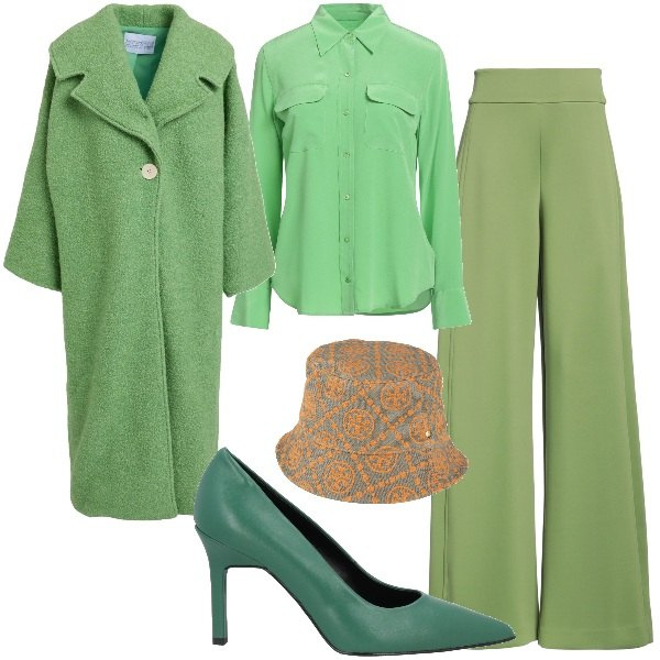 Outfit donna - Décolleté mania. Stile Casual chic per Ufficio. Abbinamento con décolleté, cappotti, cappelli, camicie, pantaloni.