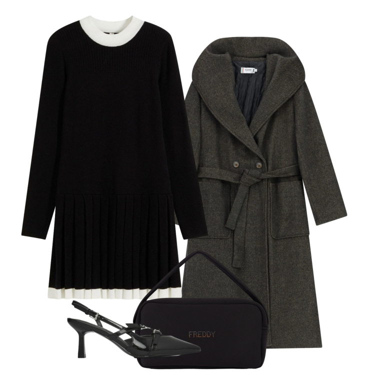 Outfit donna - Febbraio. Stile Chic per Ufficio. Abbinamento con vestiti, décolleté, borse a mano, cappotti.