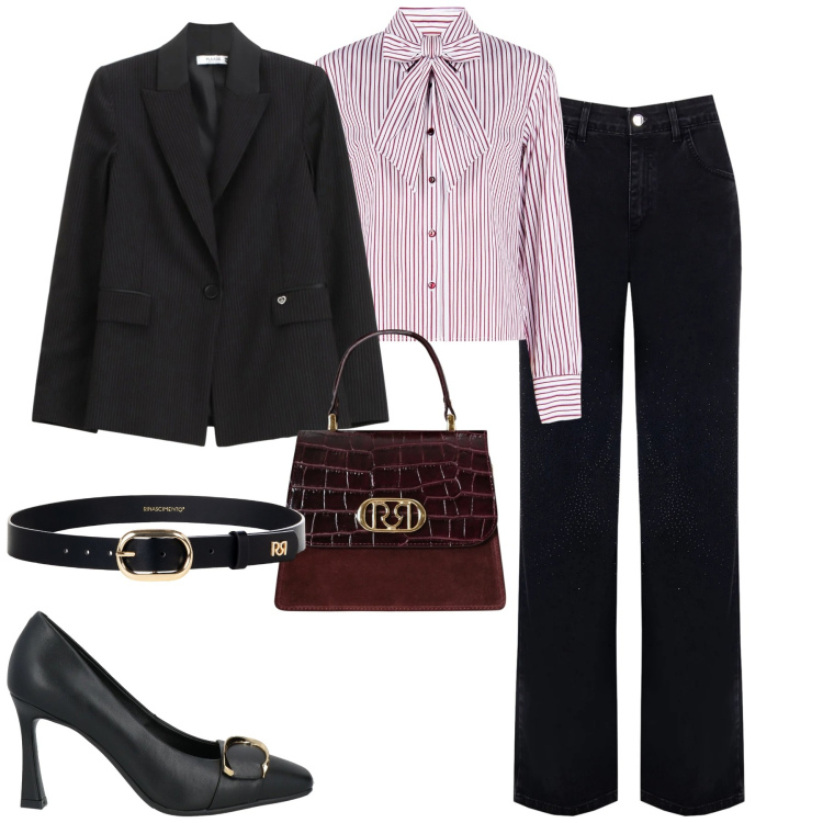 Outfit donna - In ufficio. Stile Chic per Ufficio. Abbinamento con décolleté, blazer, jeans dritti, camicie, cinture, borse a mano.