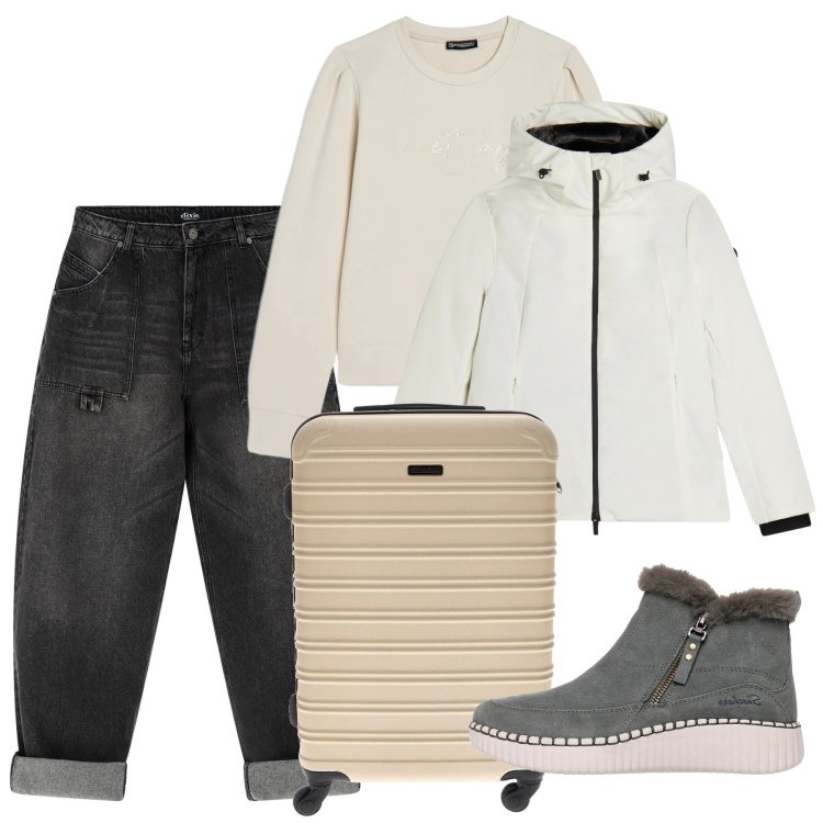 Outfit donna - Febbraio. Stile Basic per Tutti i giorni. Abbinamento con jeans, bomber, felpe, valigie, stivaletti.