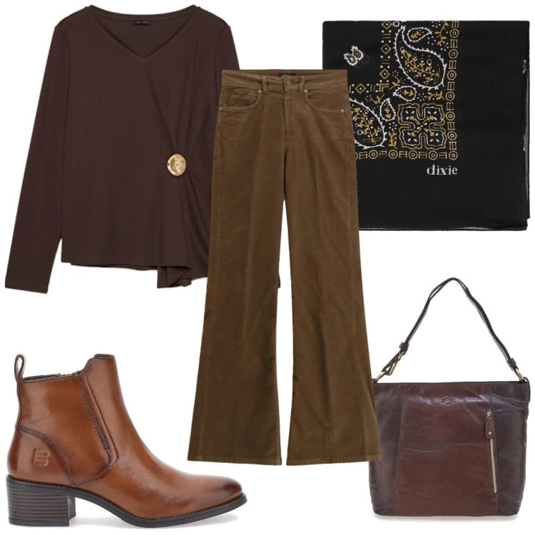 Outfit donna - Total look #2336556. Stile 70s per Tutti i giorni. Abbinamento con t-shirt, jeans, foulard, stivaletti, borse a spalla.