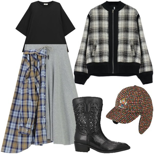 Outfit donna - Stile British in tendenza - @tiffany22. Stile Rock per Tutti i giorni. Abbinamento con stivaletti texani, cappelli con visiera, bomber, t-shirt, gonne lunghe.