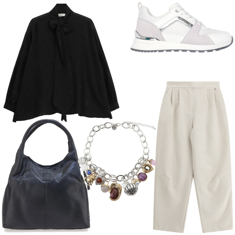 Outfit donna - Cozy office outfit. Stile Casual per Ufficio. Abbinamento con braccialetti con ciondoli, pantaloni a palazzo, camicie, borse a mano, sneakers alte.