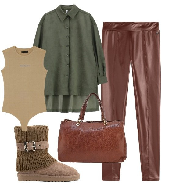 Outfit donna - Confort. Stile Casual per Tutti i giorni. Abbinamento con camicie, treggings, body, stivaletti, borse a tracolla.