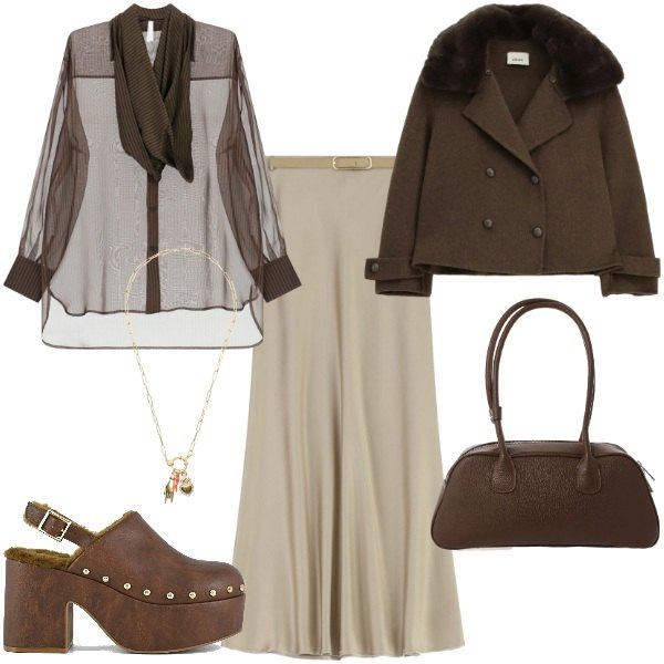 Outfit donna - Chic con gli zoccoli. Stile Chic per Serata fuori. Abbinamento con camicie, gonne lunghe, borse a mano, blazer, ciondoli, sabot.