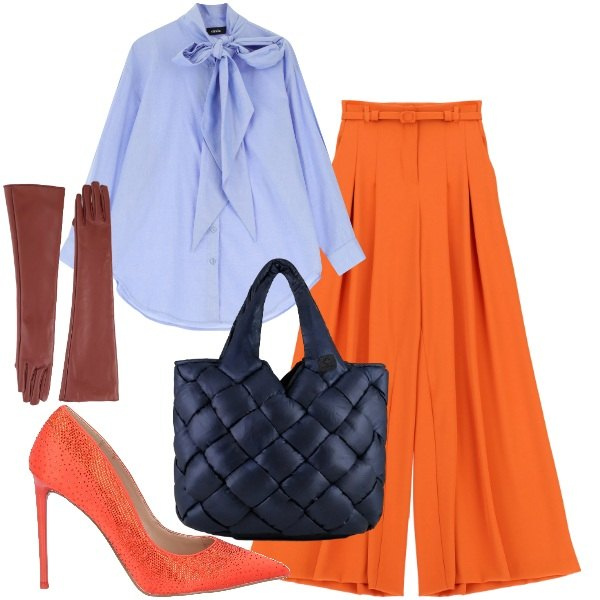 Outfit donna - Uffice. Stile Bon Ton per Ufficio. Abbinamento con décolleté, pantaloni a palazzo, camicie, guanti, borse tote.