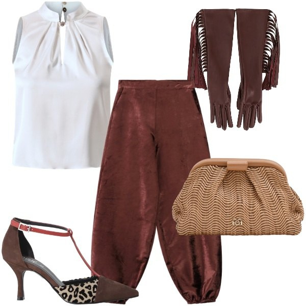 Outfit donna - Guanti lunghi la sera. Stile Glamour per Serata fuori. Abbinamento con pantaloni a palazzo, décolleté, guanti, pochette, bluse.