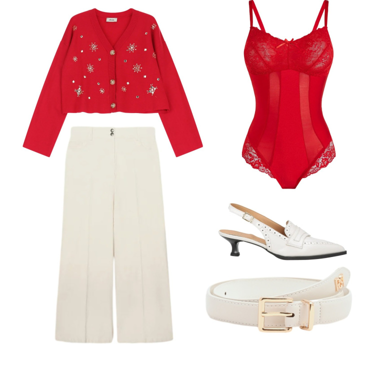 Outfit donna - Love. Abbinamento con body, décolleté, cardigans, cinture, pantaloni chino.