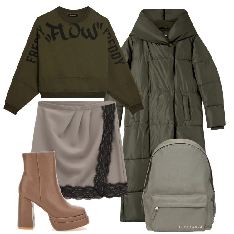 Outfit donna - Febbraio. Stile Urban per Tutti i giorni. Abbinamento con minigonne, zaini, cappotti, felpe, stivaletti.