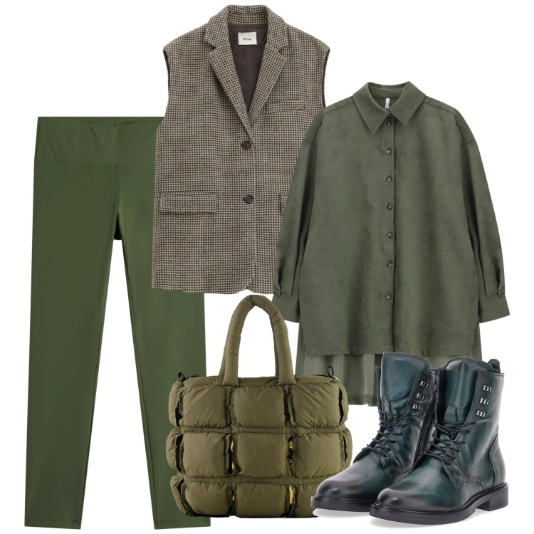 Outfit donna - Febbraio. Stile Urban per Tutti i giorni. Abbinamento con camicie, gilet, leggings, borse a mano, anfibi.