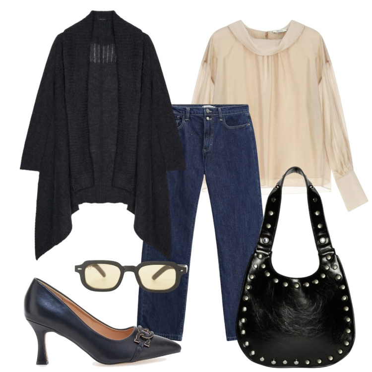 Outfit donna - Daily fashion. Stile Casual chic per Tutti i giorni. Abbinamento con occhiali da sole, borse a spalla, cardigans, camicie, pantaloni, décolleté.