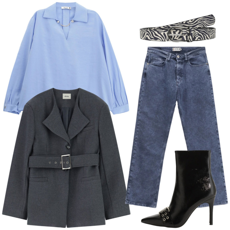 Outfit donna - Total look #2336595. Stile Glamour per Serata fuori. Abbinamento con cinture, stivaletti, cappotti, jeans dritti, camicie.