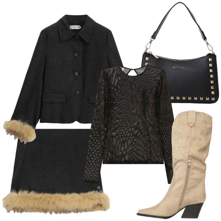 Outfit donna - Total look #2336599. Stile Glamour per Serata fuori. Abbinamento con stivali, pochette, t-shirt, blazer, minigonne.
