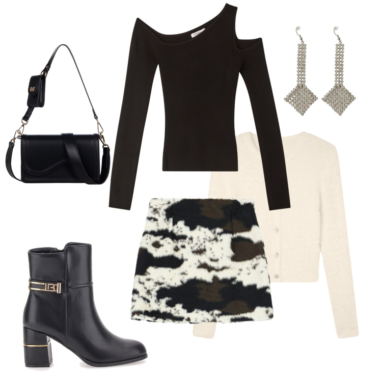 Outfit donna - Animalier Chic & Midnight Textures. Stile Glamour per Serata fuori. Abbinamento con maglieria, cardigans, orecchini, minigonne, pochette, stivaletti.