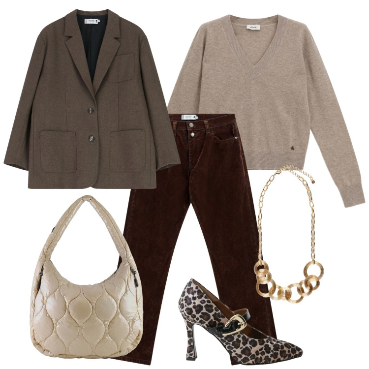 Outfit donna - Ton sur ton. Stile Chic per Tutti i giorni. Abbinamento con décolleté, collane, maglieria, pantaloni, blazer, borse tote.