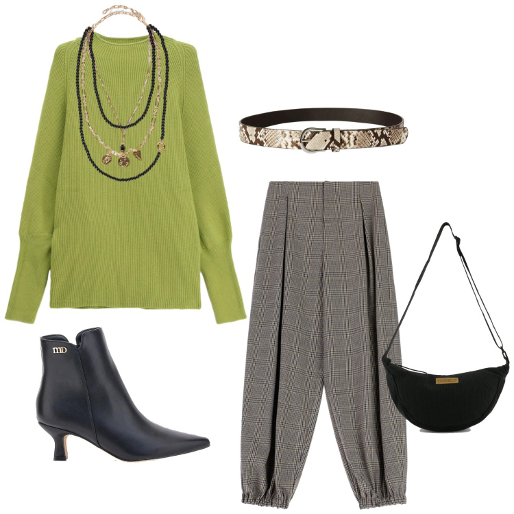 Outfit donna - Total look #2336611. Stile Minimal per Ufficio. Abbinamento con cinture, pantaloni a palazzo, collane, maglieria, stivaletti, borse a tracolla.