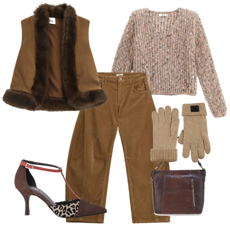 Outfit donna - Intrigante così. Stile Casual chic per Tutti i giorni. Abbinamento con décolleté, gilet, pantaloni a palazzo, maglieria, guanti, borse a spalla.